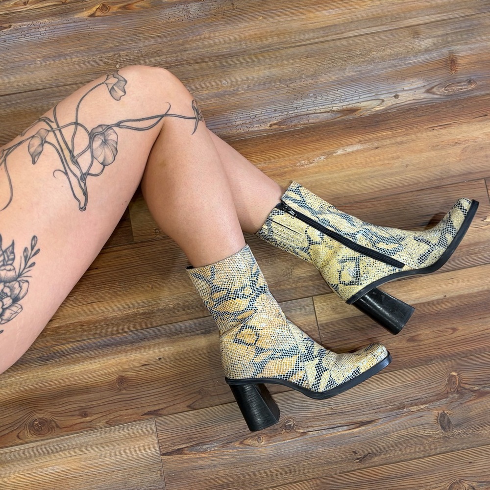 Vintage 90s MIA Snakeskin Block Heel Leather Boots